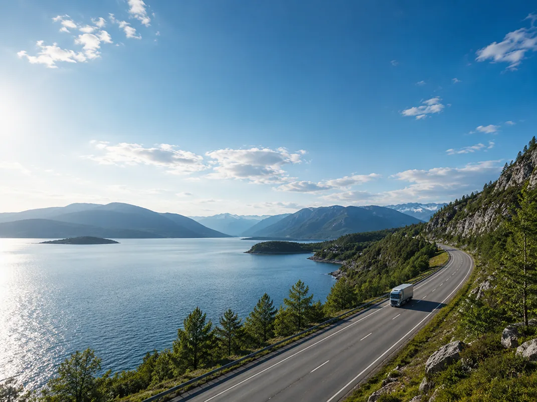 Lkw auf Bergstraße am Fjord – TruckerPoints Fahrer-Bonusprogramm